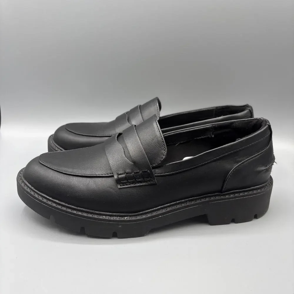 A New Day Chunky Penny Loafers Size 9.5 Black Faux Vegan Leather Dark Academia